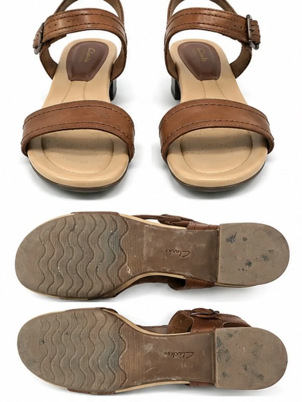 Clarks Brown Leather Block Heel Sandals with Ankle Buckle